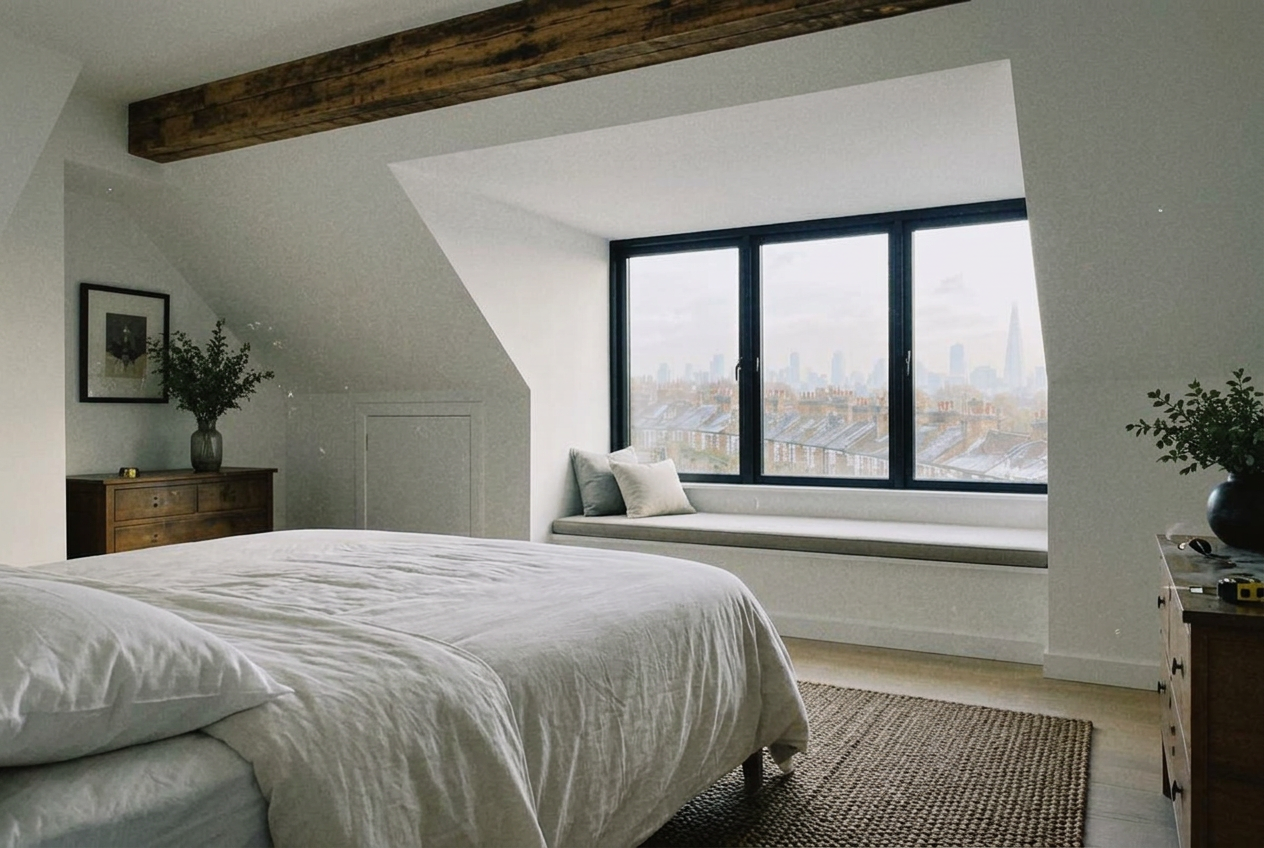 Loft conversion bedroom with dormer window over London rooftops