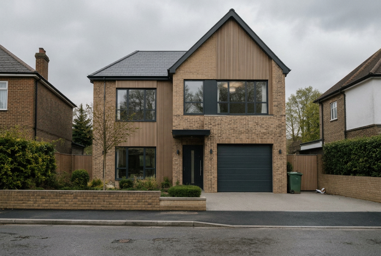 Contemporary new-build house in brick and timber cladding